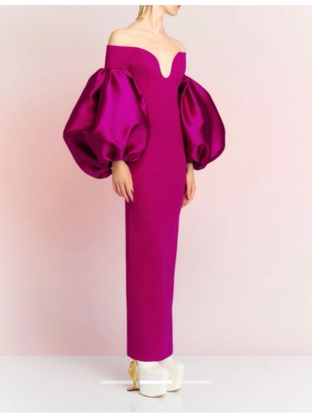Solace London Off-Shoulder Fuchsia Balloon-Sleeve Gown